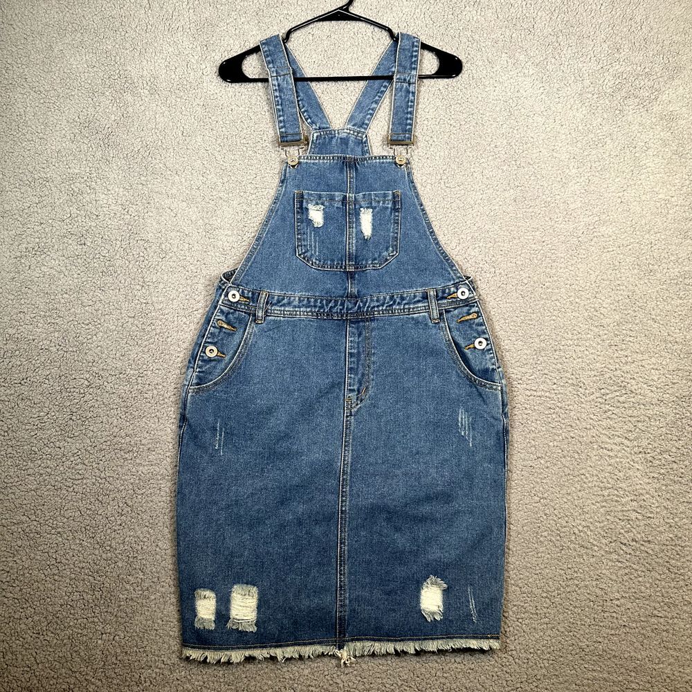 Anna Kaci Denim Overall Dress Skirt Womens Small Distressed 90s Y2K Ladies